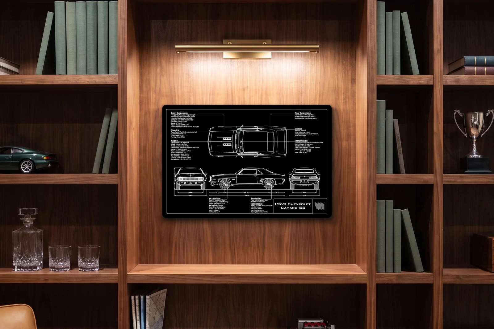 1969 Chevrolet Camaro SS, in a walnut library, landscape