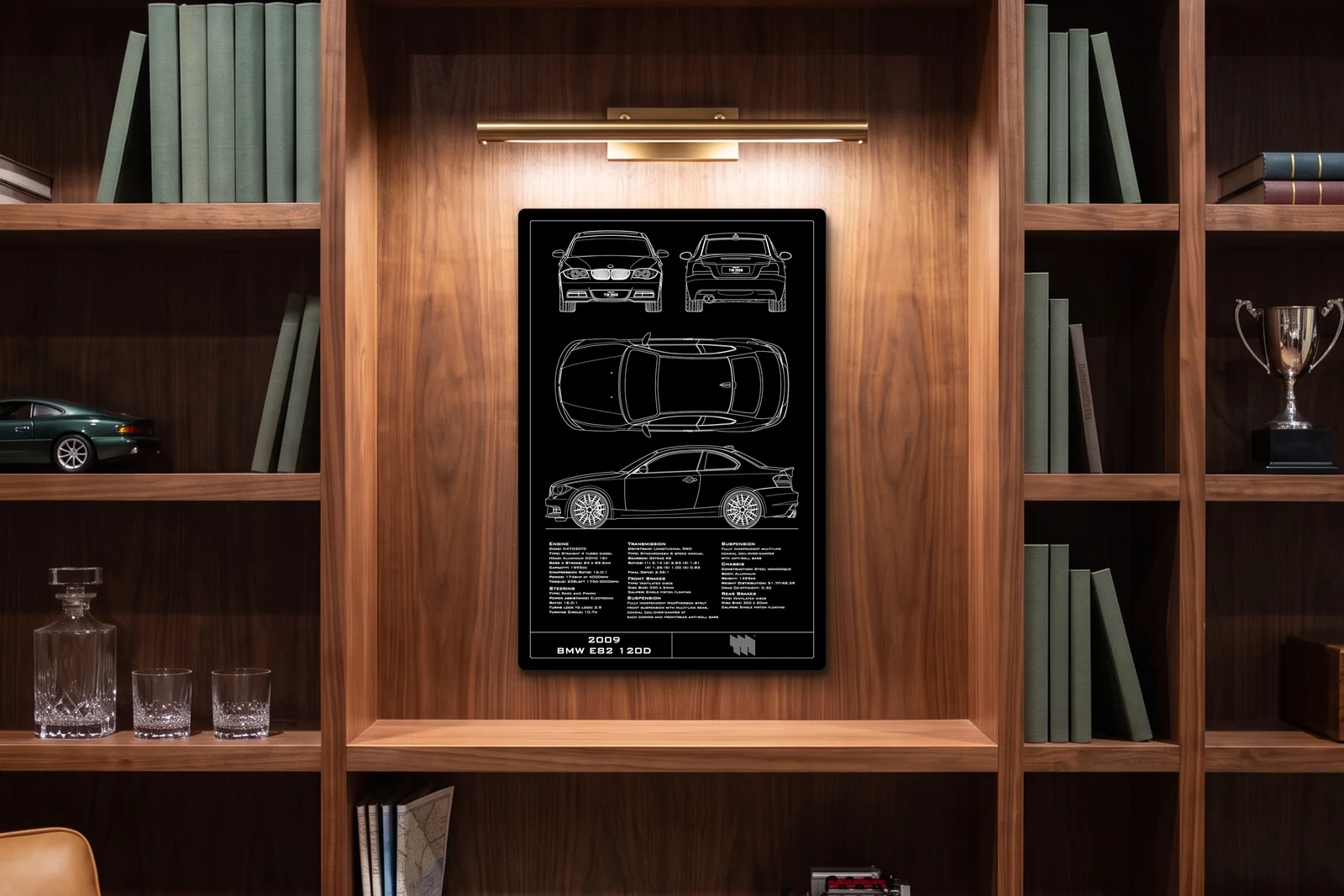 2009 BMW E82 120D, in a walnut library, portrait