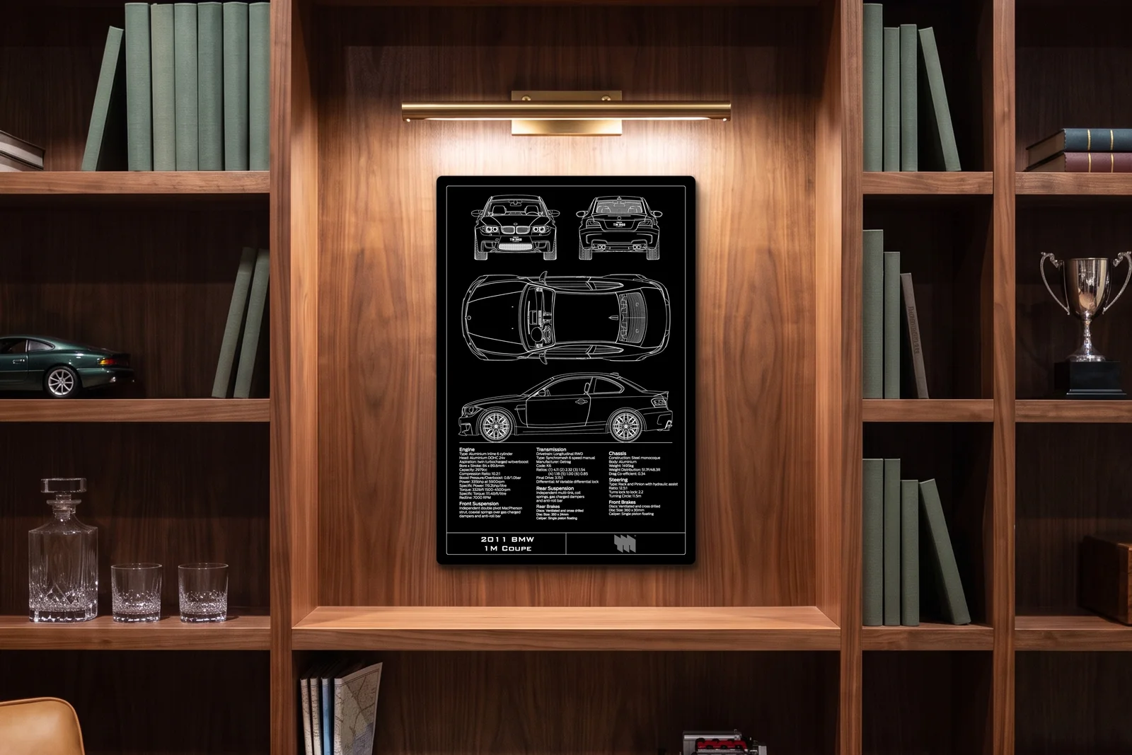 2011 BMW 1M Coupe, in a walnut library, portrait