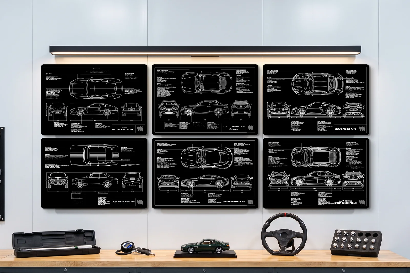 2011 BMW 1M Coupe, one of six on a workshop wall