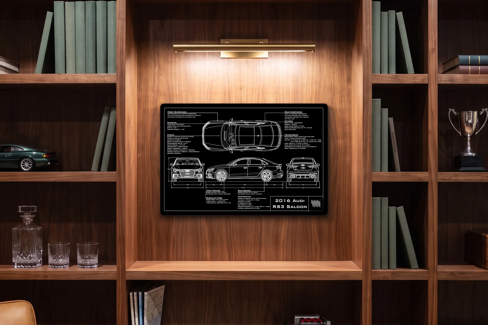 2016 Audi RS3 Saloon, in a walnut library, landscape