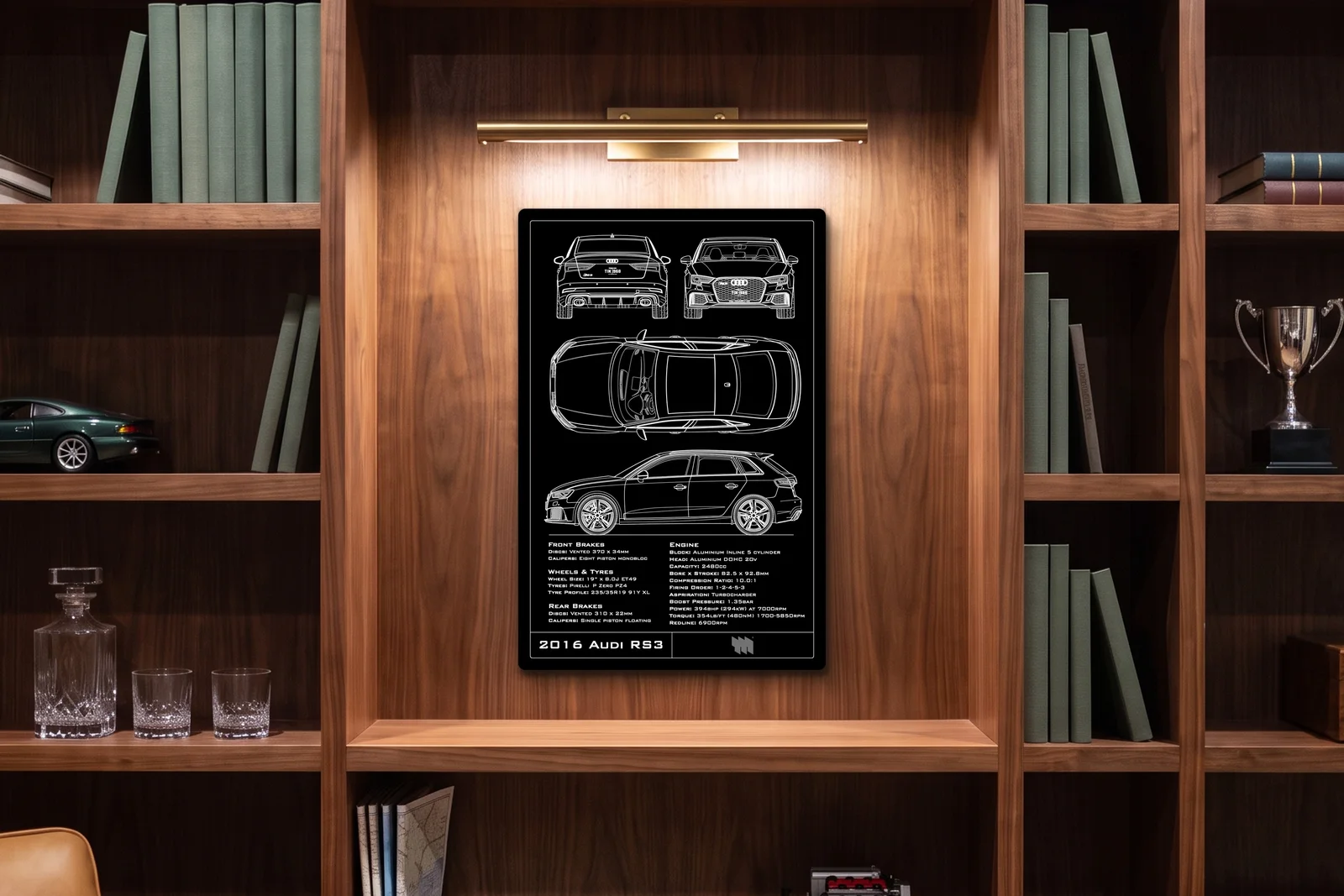 2016 Audi RS3 Saloon, in a walnut library, portrait