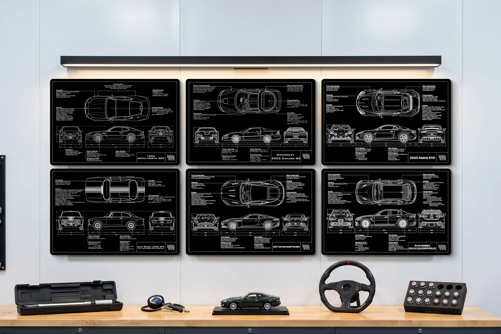 Chevrolet 2002 Camaro SS, one of six on a workshop wall